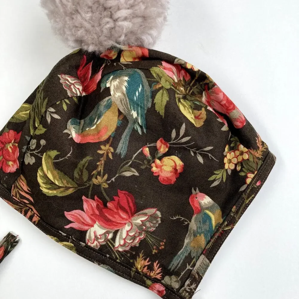 Brass Bee Bonnets - Floral Birds - Pom - Brown - Large